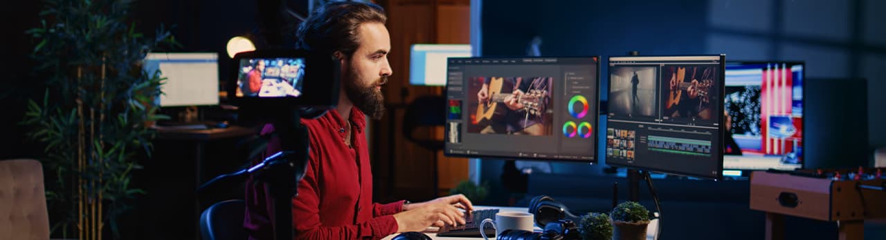 A man sitting at multiple computer screens