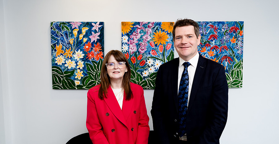 Minister for the Economy, Dr Caoimhe Archibald is standing beside Minister for Enterprise, Trade and Employment, Peter Burke TD