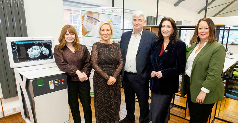 Pictured (L-R) are Dr Caoimhe Archibald, Minister for the Economy; Michelle O'Neill, First Minister; Hugh Cormican, CEO, Cirdan; Emma Little-Pengelly, deputy First Minister; Alison Currie, CDO, Invest NI