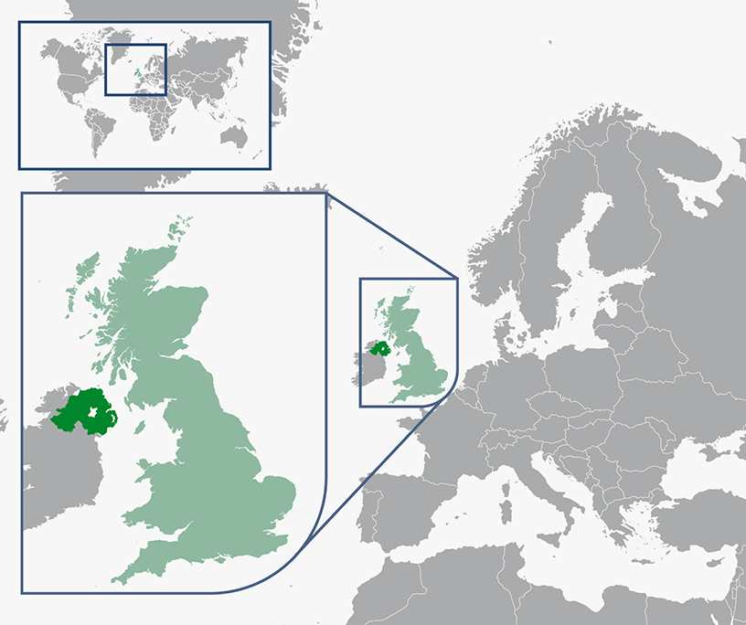 Map of Northern Ireland in relation to Europe and the World