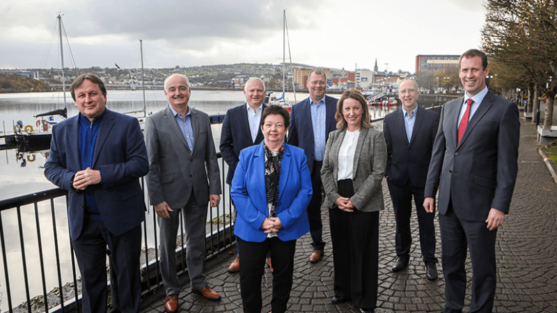 Front Row: Pictured (L-R) is Leo Murphy, Principal & CEO, North West Regional College; Dawn McLaughlin, President of Londonderry Chamber of Commerce; Anne Beggs, Invest NI; and Steve Harper, Invest NI. Back Row: Pictured (L-R) is Peter Devine, Head of Strategic Partnerships, Ulster University; Alan McKeown, Executive Director of Regional Business, Invest NI; Stephen Gillespie, Director of Business & Culture, Derry City and Strabane District Council; and Des Gartland, Invest NI.