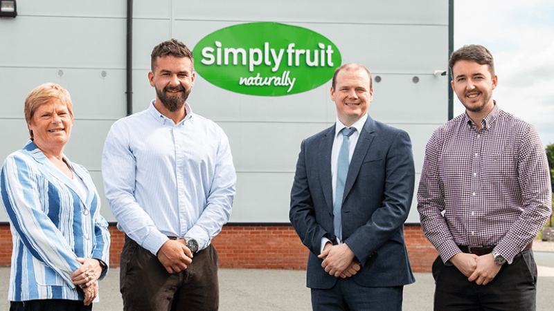 Picture of Dr Vicky Kell, Director of Innovation Research & Development Invest NI, Connor McCann, Operational Director, Simplyfruit; Economy Minister Gordon Lyons; Patrick McCann Junior, Commercial Director Simplyfruit.